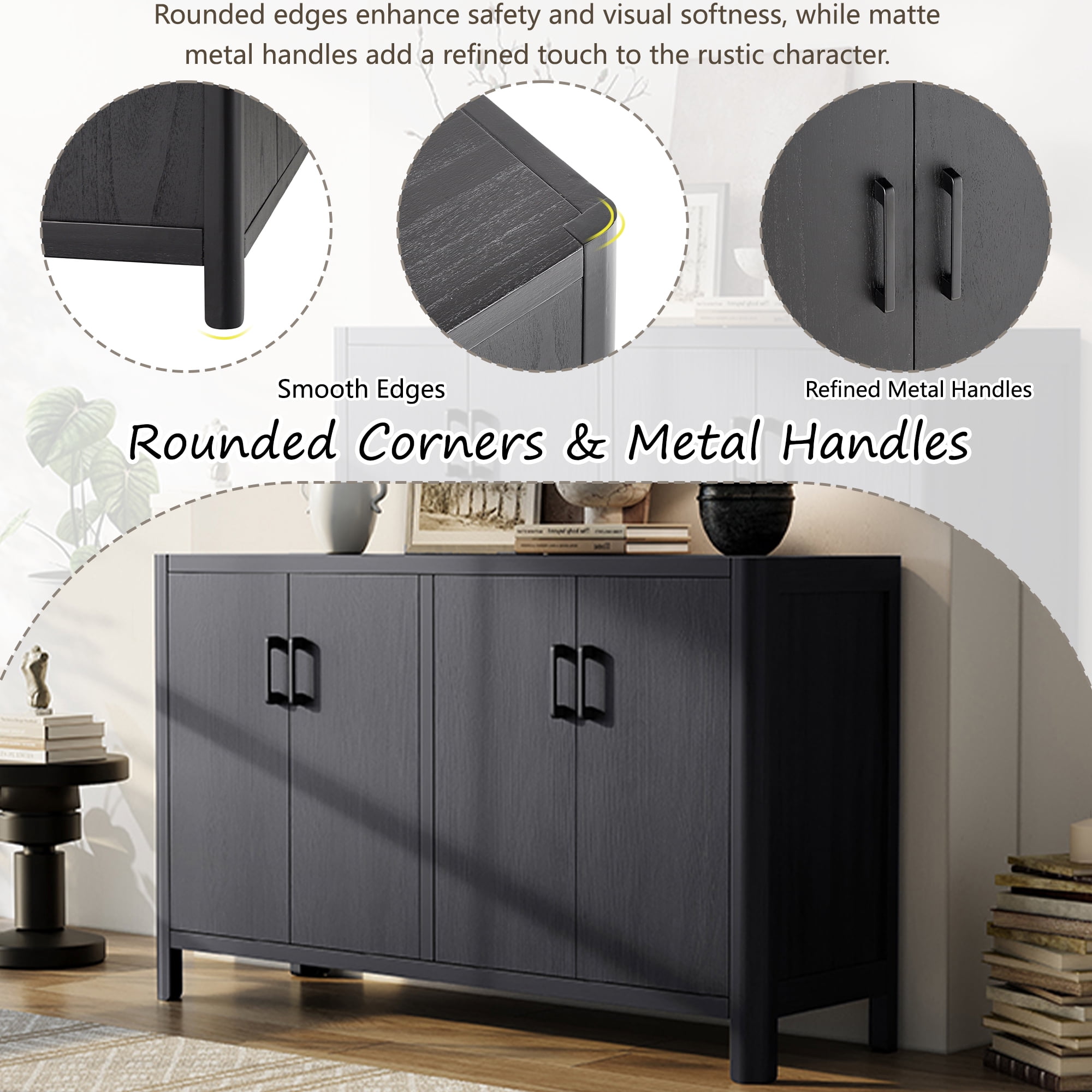 Euroco 59" Farmhouse Buffet Cabinet with Natural Distressed Finish,Accent Wood Sideboard Coffee Bar Station Table for Kitchen Living Room,Black