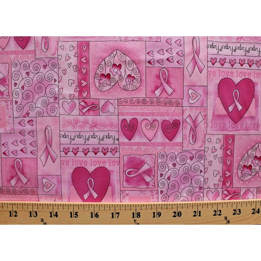 Cotton Breast Cancer Ribbon Hearts Love Happy Pink Cotton Fabric Print