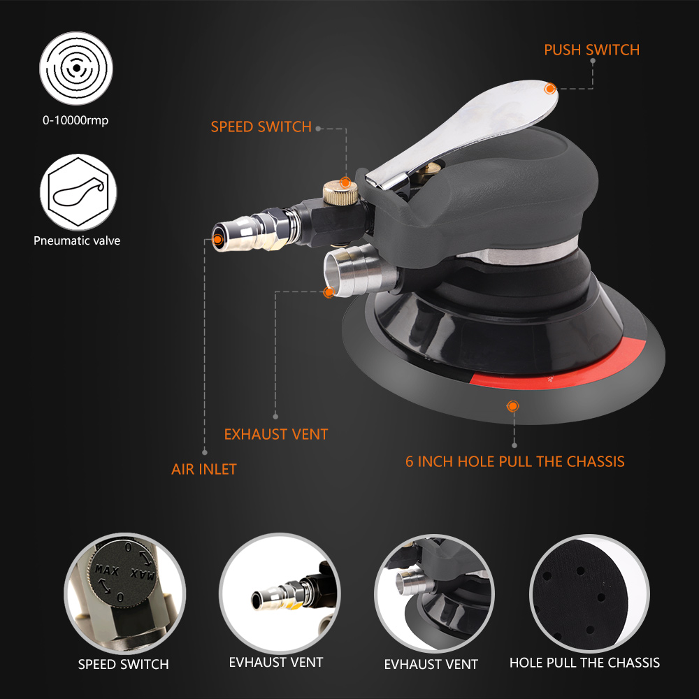 SPTA Random Orbital Sander 5" & 6" Pneumatic Palm Sander with Sandpapers Heavy Duty for Wood, Composites, Metal