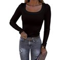 thumbnail image 2 of Aojekbee Women Long Sleeve T-Shirts Ribbed Solid Color Scoop Neck Casual Shirts Spring Fall Slim Fit Tops, 2 of 10