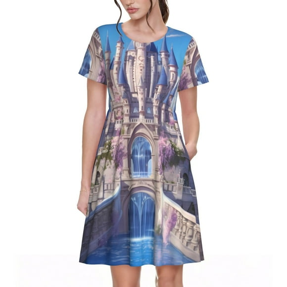 KLL Majestic Fantasy Castle for Women's Short Sleeve Summer Dress, Pleated Loose Swing Knee Length Dresses with Pockets