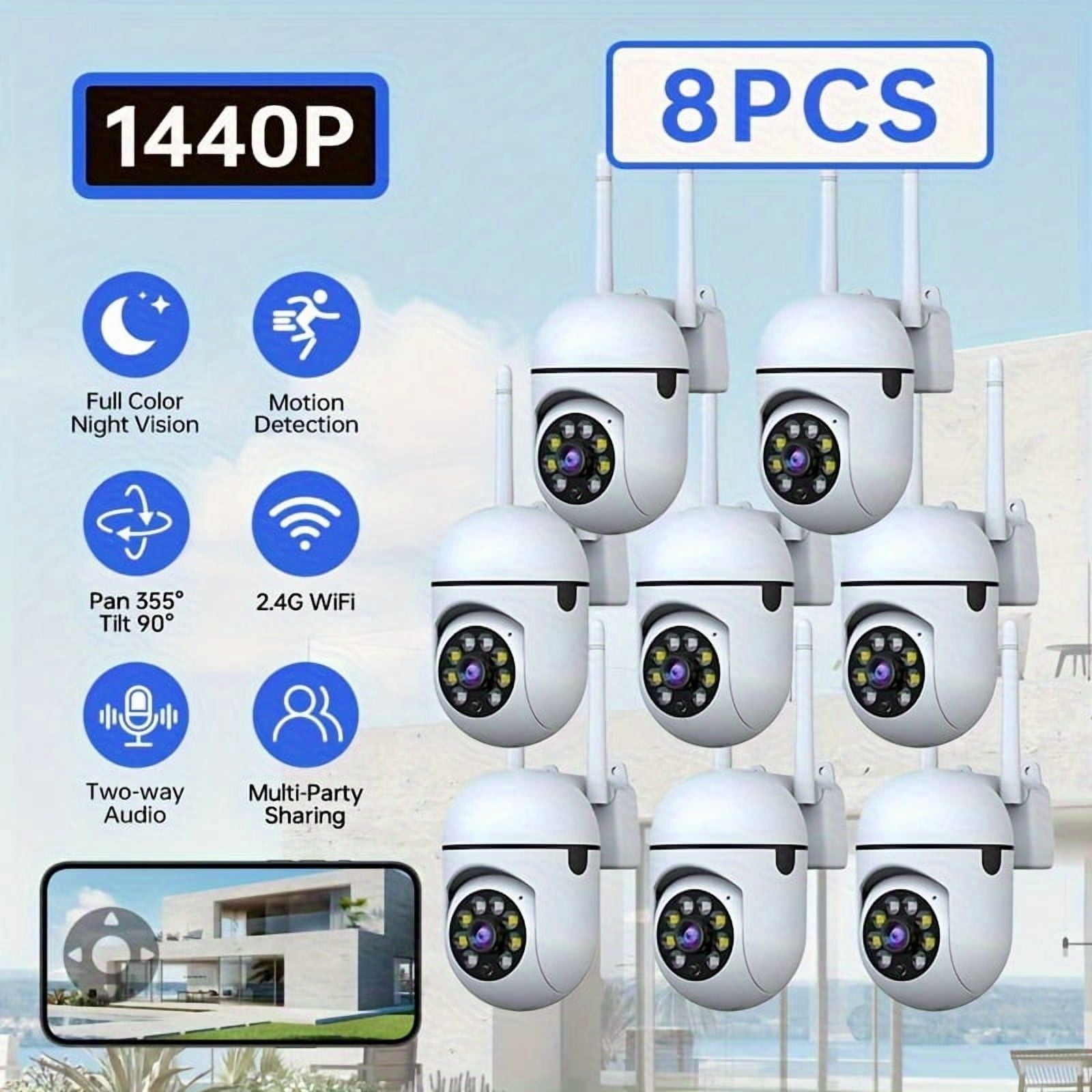 Set of 8 Wireless Indoor Surveillance Cameras: 2K HD with Color Night Vision, Motion Notifications & Two-Way Communication | Remote Access Via App, Easy Installation for Complete Home Security