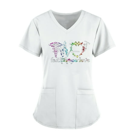 

CFXNMZGR Womens Tops Women Short Sleeve V-Neck Tops Working Uniform Solid Color Pocket Blouse