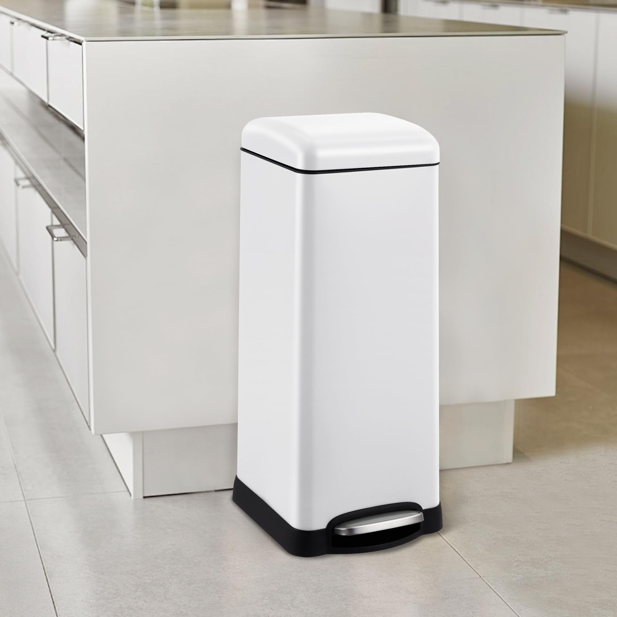 TROPOW 8 Gallon Bathroom Step Trash Can, 30-Liter Square Stainless Steel Foot Pedal Garbage Can with Soft-Close Lid for Kitchen, with Removable Inner Bucket,White