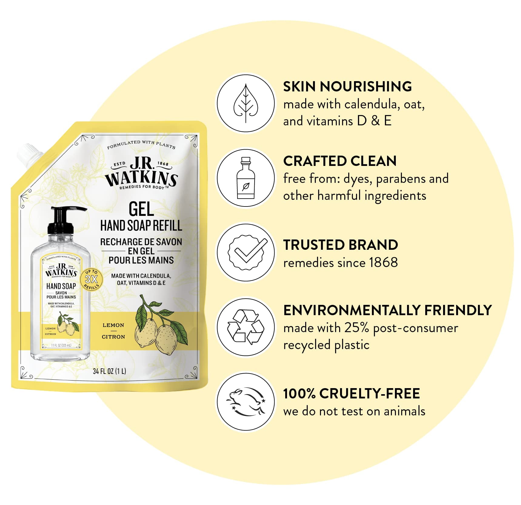 J.R. Watkins Gel Hand Soap Refill Pouch, Scented Liquid Hand Wash For Bathroom Or&nbsp;Kitchen, Usa Made And Cruelty Free, 34 Fl Oz, Lemon, 6 Pack.