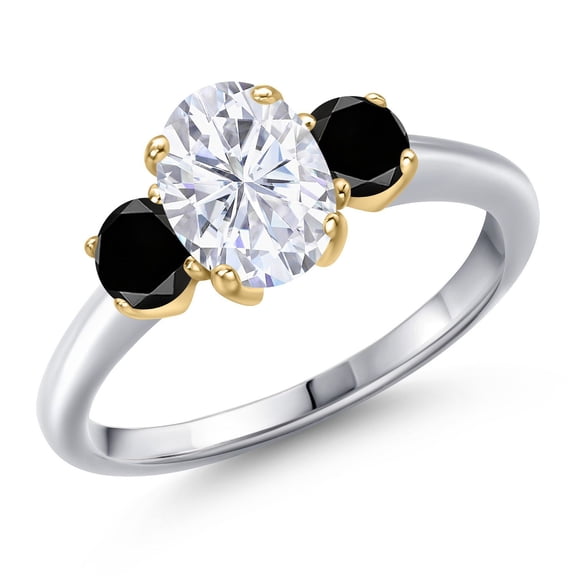Gem Stone King 10K Two Tone Gold White Moissanite and Black Diamond Engagement Ring for Women | 2.04 Cttw | Oval 8X6MM | Gemstone Birthstone | Size 6