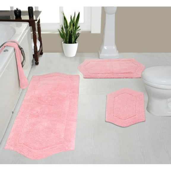 Home Weavers Waterford Collection 100% Cotton Non-Slip Bathroom Rug Set Machine Washable Bathroom Rug-17"x24", Bath Rug- 21"x34", Runner- 22"x60", Pink Color 3 Piece Bath Rug set