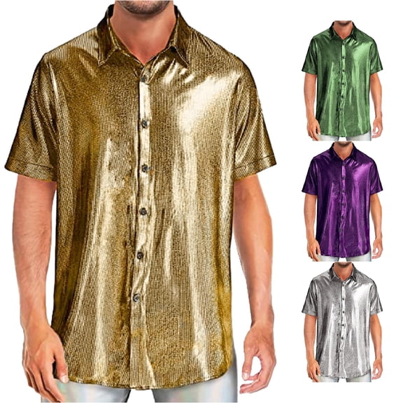 Men's Sequin Short Sleeve Shirt Slim Fashion Base Tee for Nightclubs and Style Men Shirts Gold L