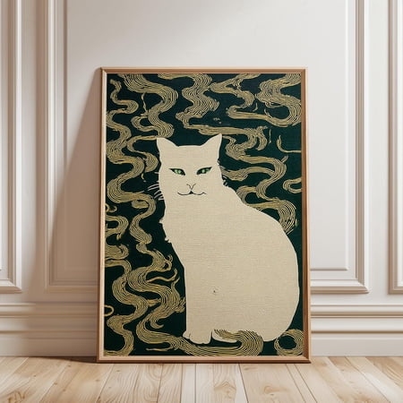 Cat Japanese Woodblock Style Cream and Green Feline Nature Art Print, Unframed Paper Poster 8x10in