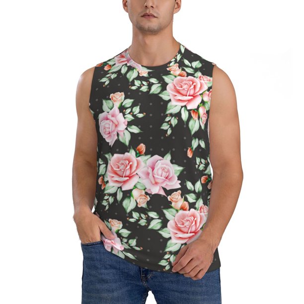 Fotbe Rose Flowers Men's Camiseta sin Mangas Estampada para Hombres, Playera Casual para Gimnasio, Entrenamiento, Playa-Large