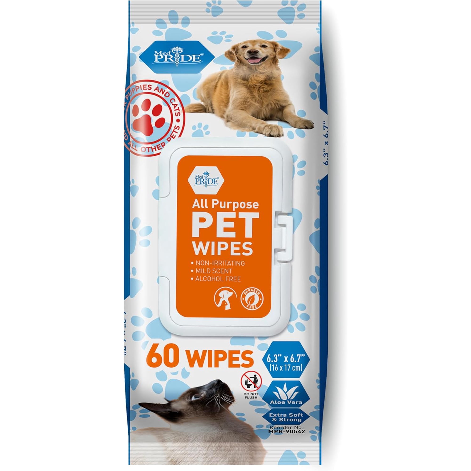 MED PRIDE Pet Wipes for Dogs and Cats, 60-Count, Hypoallergenic Puppy Wipes for Cleaning and Deodorizing