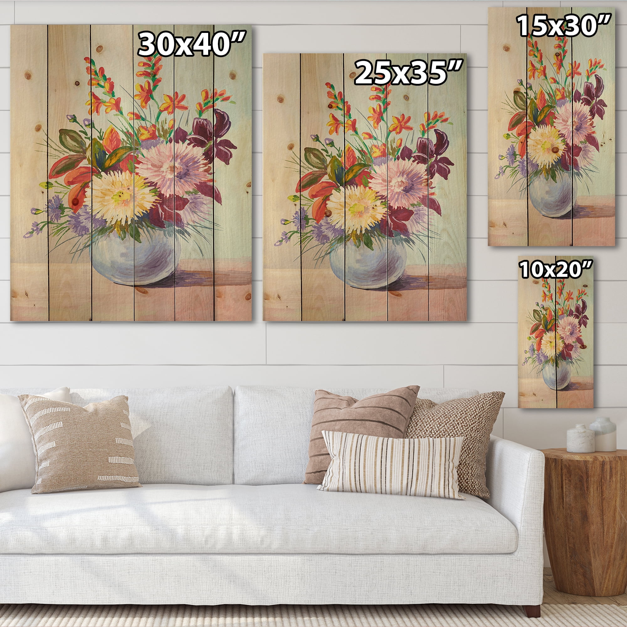 Designart 'Still Life With Asters On Colorful Flowers In Vase' Traditional Print on Natural Pine Wood