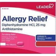 Leader Antihistamine Allergy Relief Diphenhydramine HCl, 25mg Mini Tablets, 24 Count