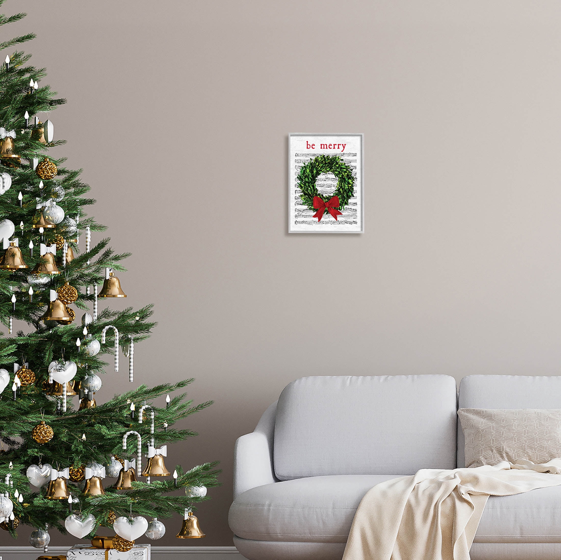 Stupell Industries Be Merry Holiday Music Wreath Graphic Art Gray Framed Art Print Wall Art, Design by Lettered and Lined