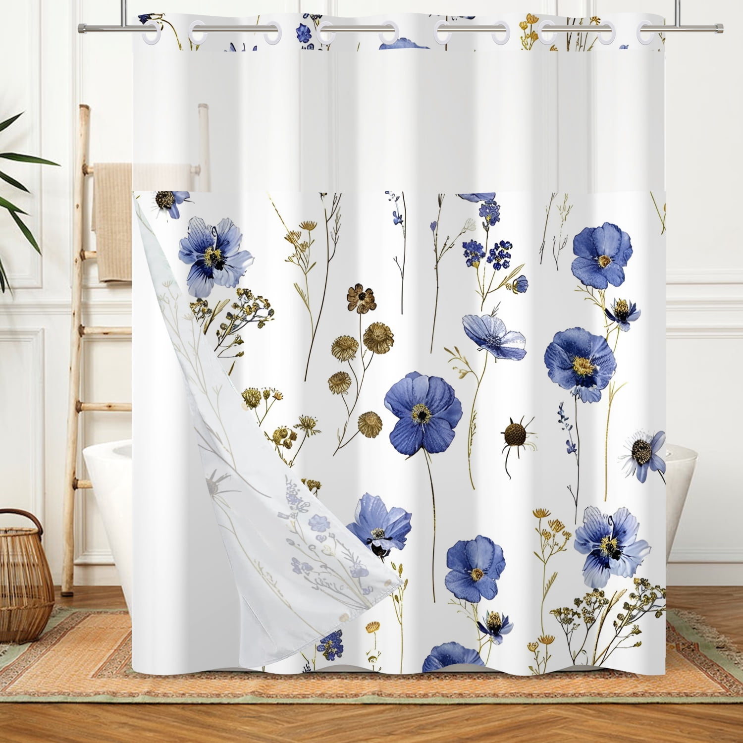 Mizhona Blue Flower Shower Curtain with Snap in Liner,Rustic No Hook Fabric Bath Curtain,71"× 74"