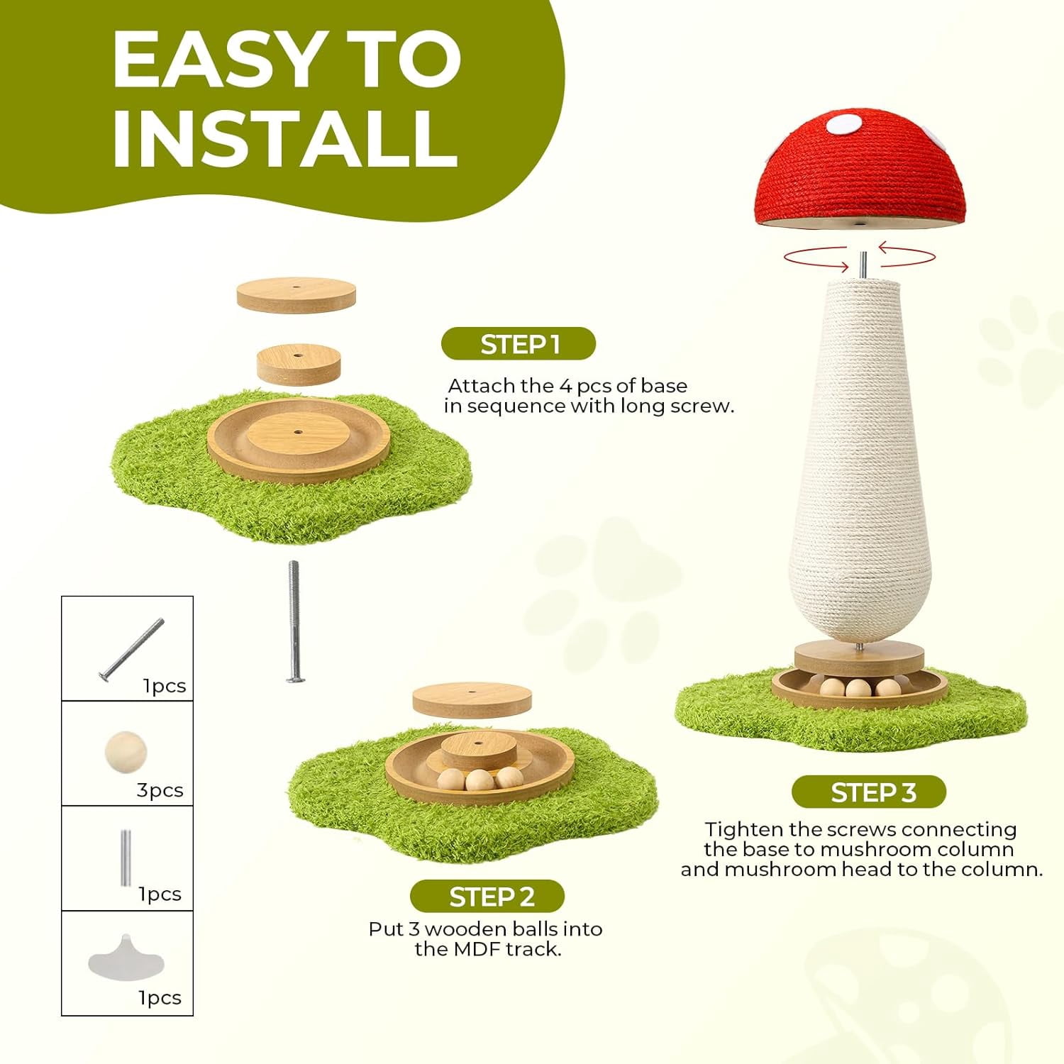 YESGIRL 20" Mushroom Cat Scratching Post with Ball Track & Spring Toys, 2-in-1 Sisal Scratcher & Play Station for Indoor Cats, Stable Base