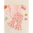 thumbnail image 5 of Baby Toddler Girls Thanksgiving Outfits 0 3 6 12 18 Months Letter Print Long Sleeves Romper and Elastic Pie Print Flared Pants Headband Clothing Set, 5 of 9