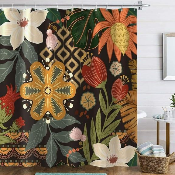 Vintage Boho Floral Shower Curtain, Abstract Retro Tropical Plant Black Shower Curtains with 12 Hooks for Bathroom 72 ×72 Inch