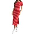 thumbnail image 2 of Women'S Crew Neck Short Sleeve All-over Striped Side Split Loose Midi Casual Dress Deep Red L, 2 of 6