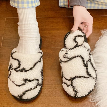 

Tangnade House Slippers for Women Fashion Plush Home Warm Baotou Color-blocking Woolen Cotton Slippers