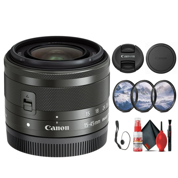 Canon EF-M 15-45mm F/3.5-6.3 IS STM Zoom Lens (Graphite) (0572C002)   Filter Kit   Cap Keeper   Cleaning Kit (International Version)