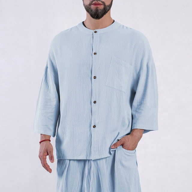 AherBiu Chemises en Lin pour Hommes Manches Longues Col Rond Boutonné Chemise Ample Décontractée T-Shirts de Plage