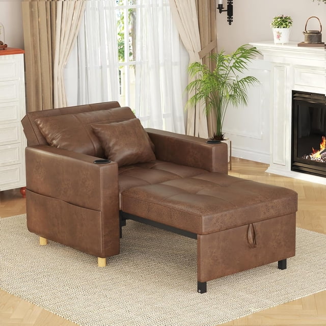 AECOJOY Fauteuil-Lit Convertible 3-en-1 et Canapé-Lit Futon avec Dossier Réglable et 2 Oreillers - Brun Selle
