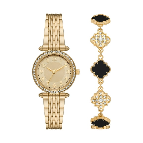Time and Tru Ladies' Analog Wristwatch and Bracelet Set, Gold Tone Round Case, Clear Stone Bezel Watch and Bracelet Set, 2 Piece Set, (FMDXTT040)