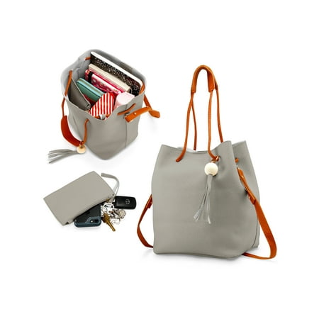 Fashion Tassel buckets Tote Handbag Women Messenger Hobos Shoulder Bags Crossbody Satchel Bag - Light Gray