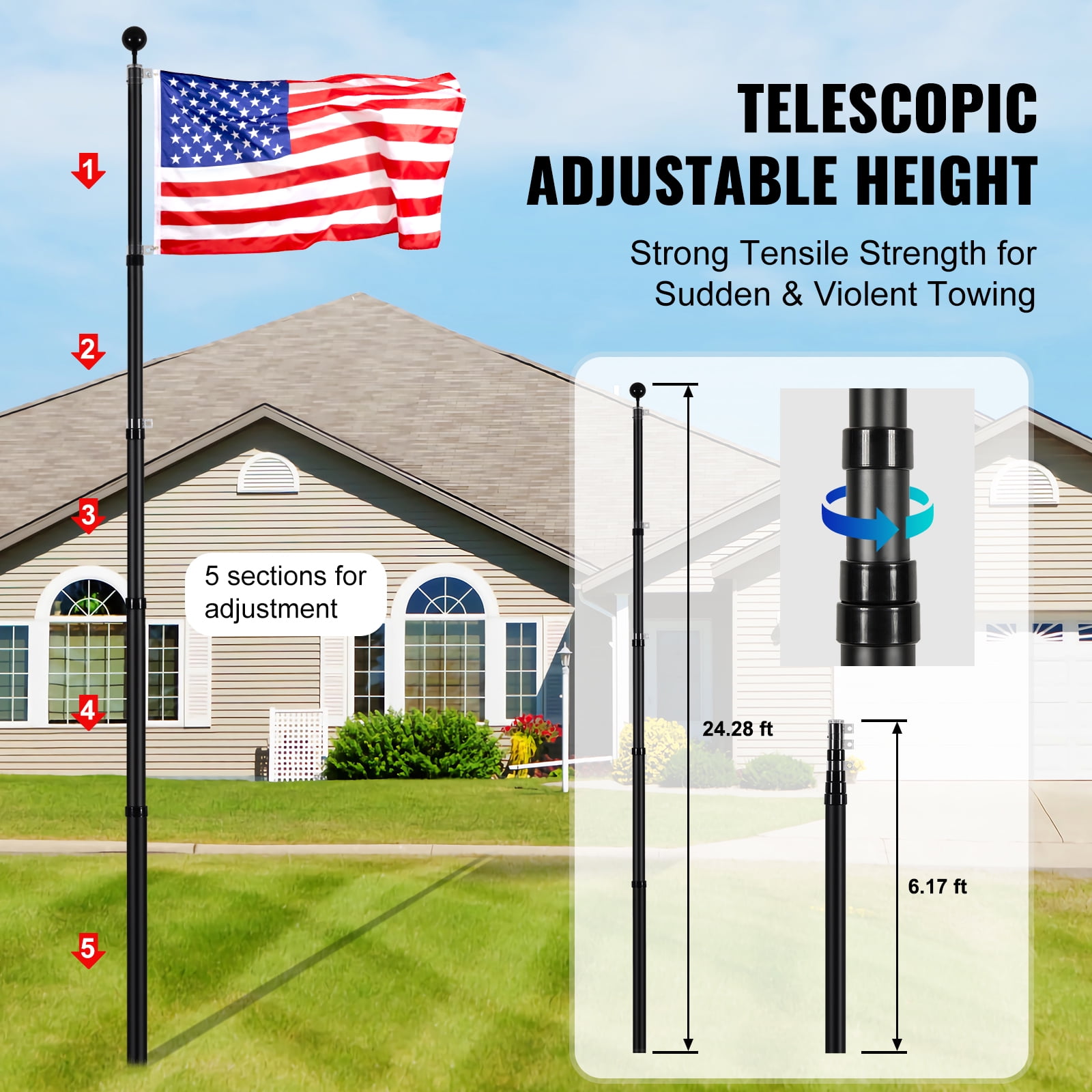 KFFKFF 25FT Extendable Flagpole Set, Robust Aluminum Alloy Outdoor Flag Stands, 3 Presentation Styles Flagpole with 3x5 American Flag, Expert Gear, Black