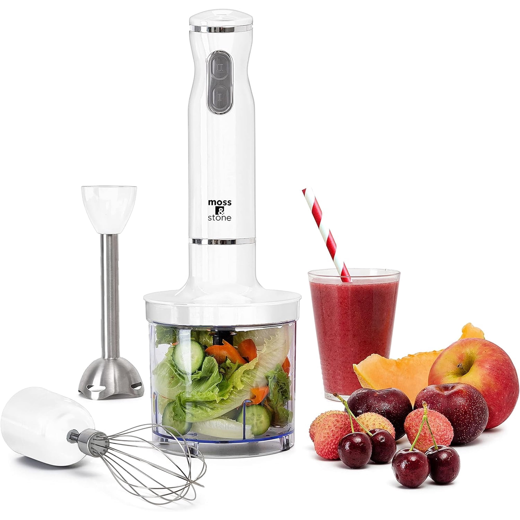 Moss & Stone Hand Blender With Egg Whisk & Chopper, Powerful 300 Watt - Stick Blender, Hand Mixer Set Stainless Steel Shaft & Blades, White Handheld Blender With Ergonomic Handle
