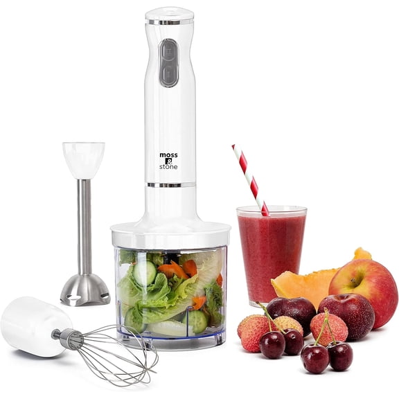 Moss & Stone Hand Blender With Egg Whisk & Chopper, Powerful 300 Watt - Stick Blender, Hand Mixer Set Stainless Steel Shaft & Blades, White Handheld Blender With Ergonomic Handle