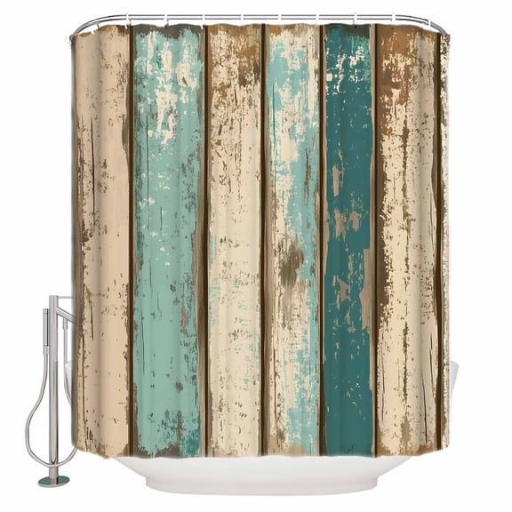 Small Stall Shower Curtain 36x72 Inch Narrow Half Size Farmhouse Teal Brown Bath Curtains Bathroom Decor Vintage Retro Ombre Wooden Waterproof Fabric Shower Curtain Set with Hooks 36 Inch