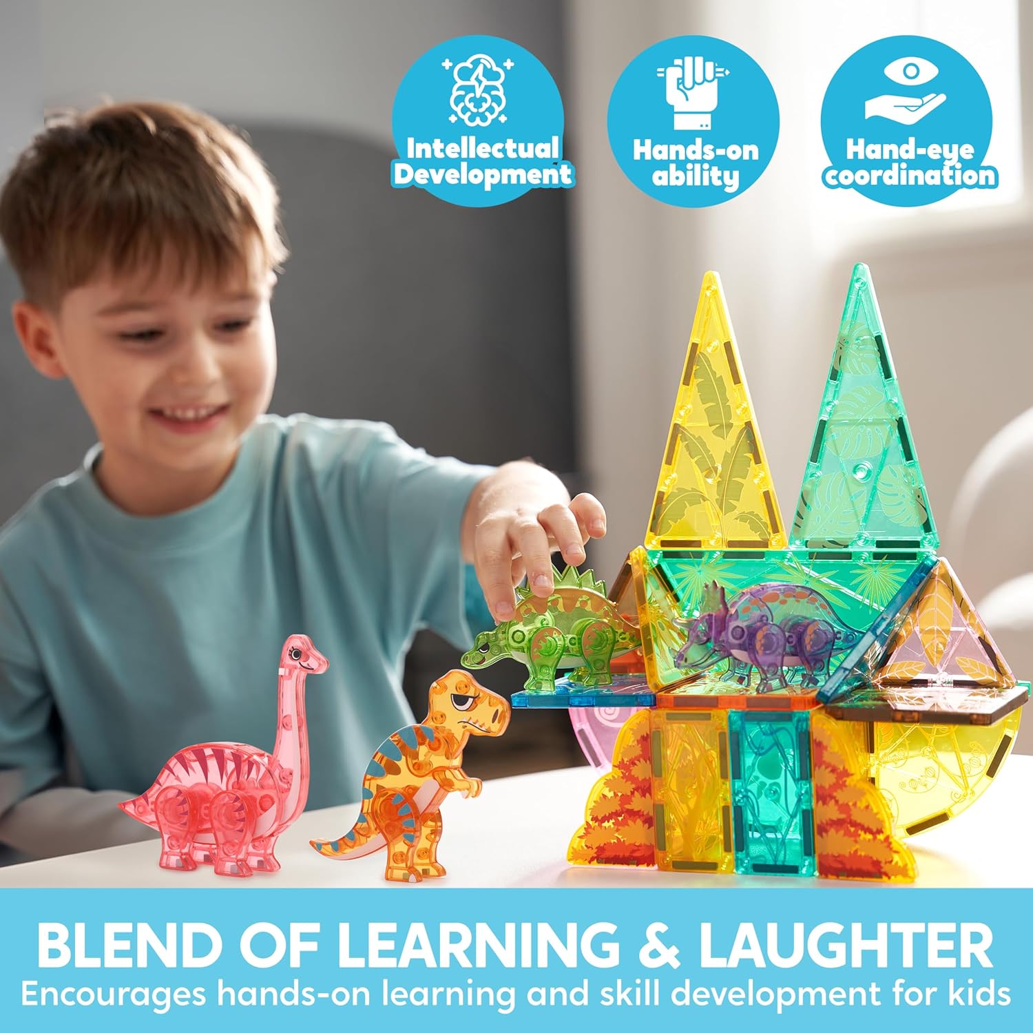 Joyfy 50-Piece Dinosaur Magnetic Building Tiles Set photo 5