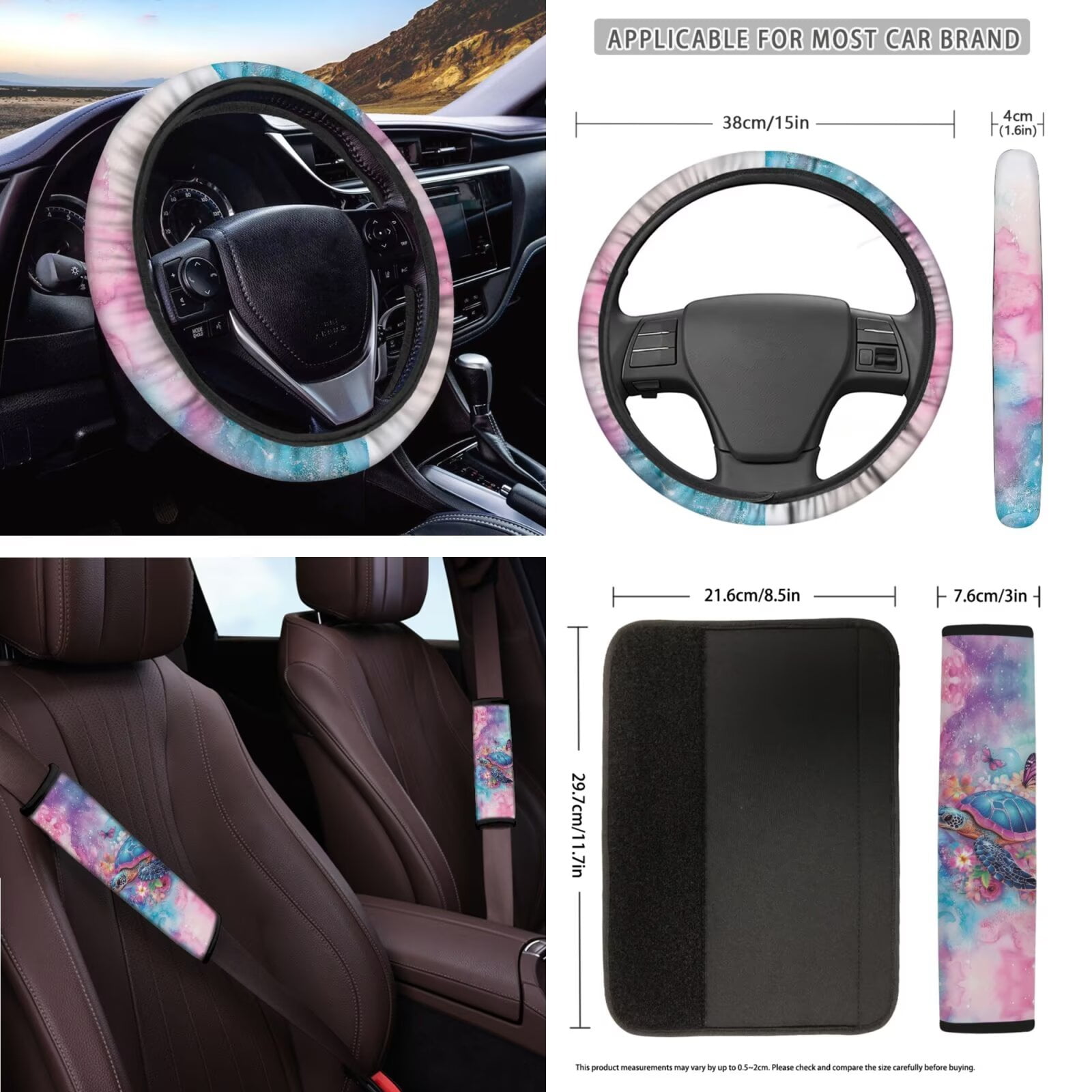 Garronmavis Aesthetic Turtle Car Seat Cover Full Set 16 Pieces Car Seat Belt Covers Keychain Gear Shifting Knob Cup Mats Auto Rear View Mirror Cover
