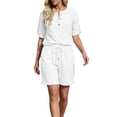 thumbnail image 5 of Gamivast 2 Piece Summer Outfits for Women Casual Linen Textured Short Sleeve Henley Shirt and Drawstring Shorts Set Loose Fit Lounge Tracksuit Vacation Streetwear White L, 5 of 7
