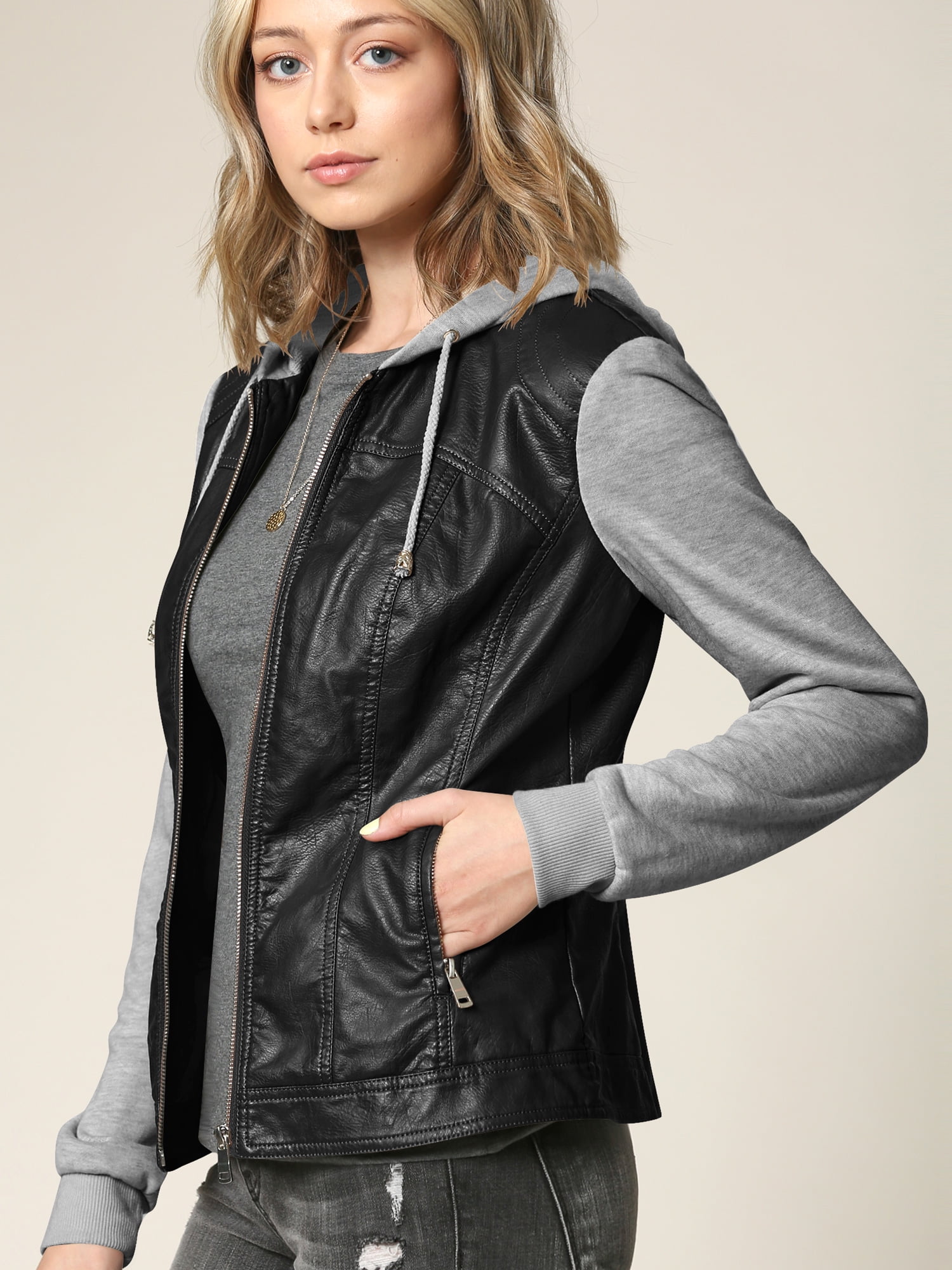 Made by Johnny Women's Faux Leather Zip Up Moto Biker Jacket with Hoodie L BLACK_H.GREY