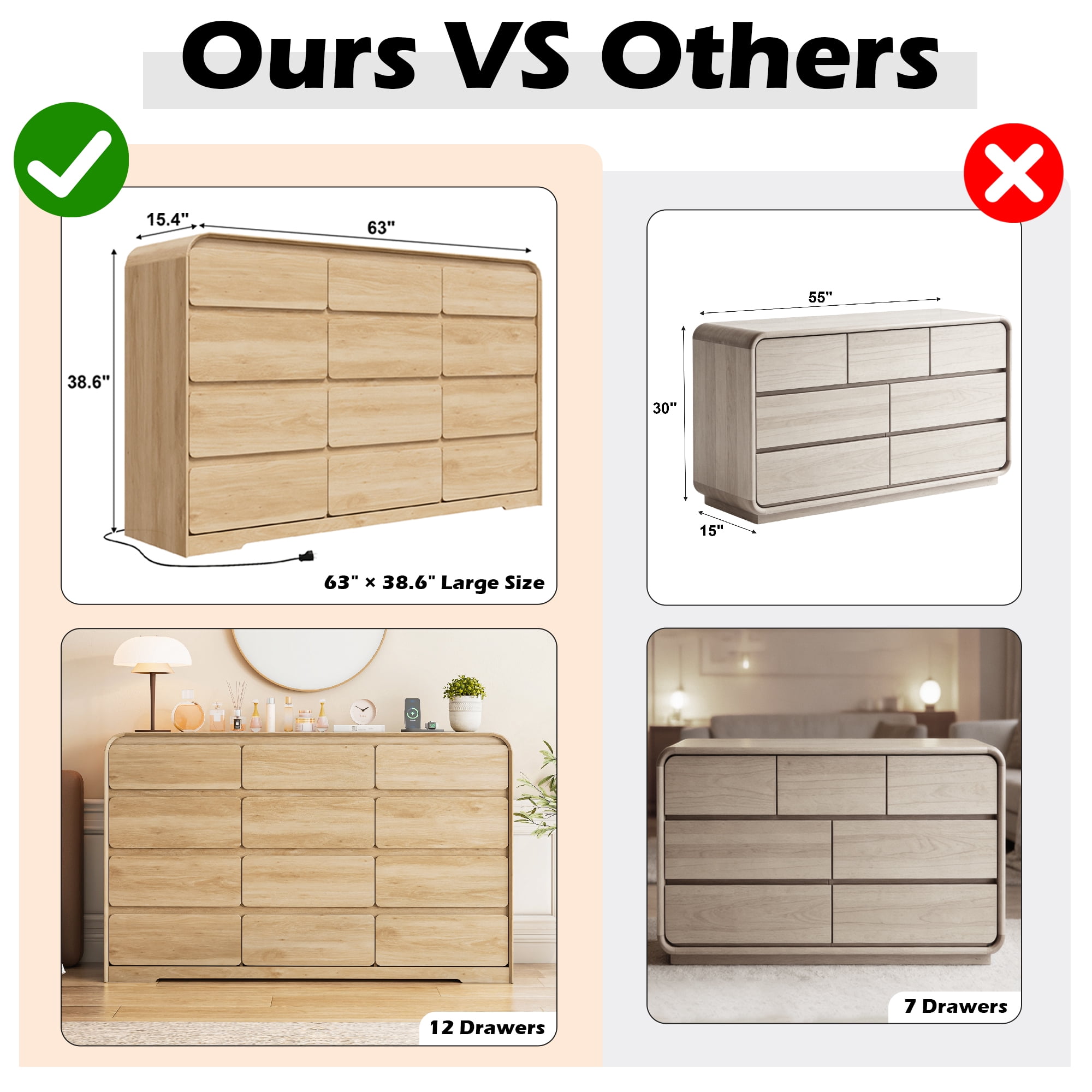 ANPOO 12 Drawers Dresser for Bedroom, 63"W Dressers & Chest of Drawers w/Power Outlet, Curved Design, Wood Mid Century Storage Cabinet, Natural Texture, for Bedroom, Hallway, Oak