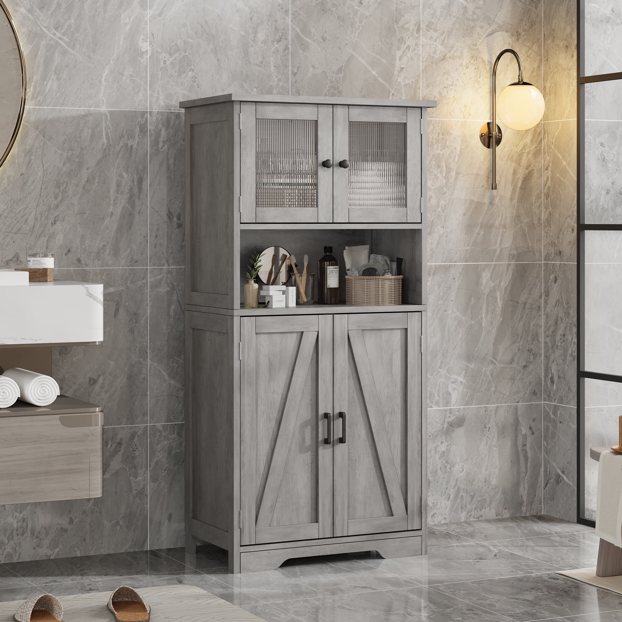 54-Inch Tall Storage Cabinet Hutch Bar Cabinet with Glass Doors and Adjustable Shelves, Wooden Kitchen Pantry Storage Cabinet for Living Room and Dining Area