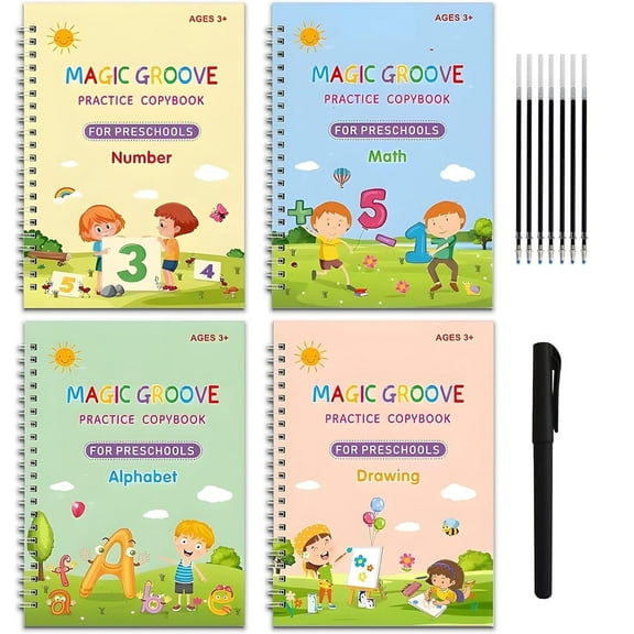 Grooved Writing Books for Boy Girl,Practice Copybooks,Reusable Writing Practice Book,Reusable Handwriting Workbooks for Tracing and Learning Activities,Gift for Family,4 Books with Pens