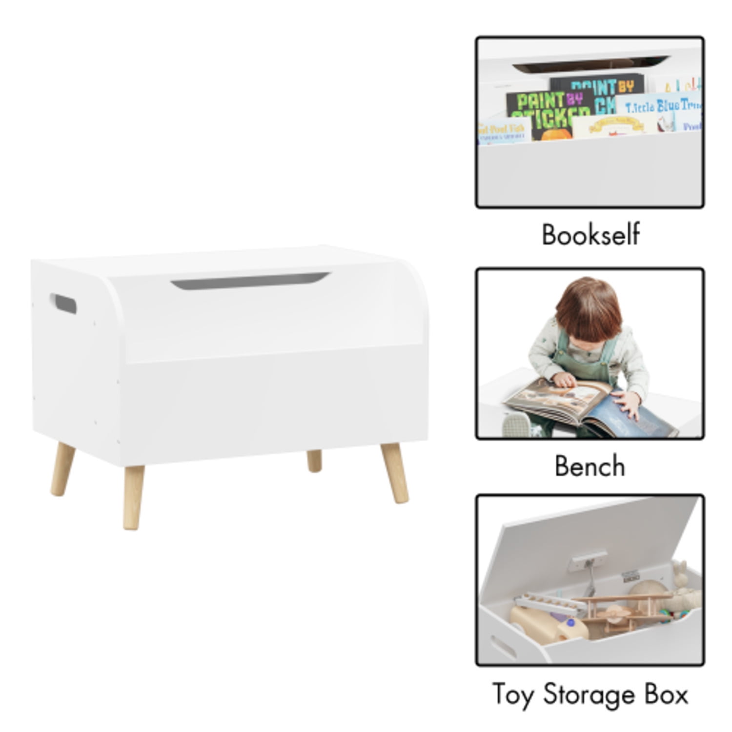 Wooden Toy Box Kids Toy Storage Organizer With Front Bookshelf Flip-top Lid Safety Hinge Boys Girls Toy Chest Bench For Playroom Kids Room Organization White