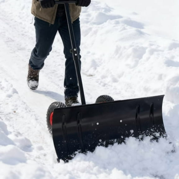 30" Wide Metal Snow Shovel with Wheels, Snow Pusher, Adjustable Angle & Height Handle for Efficient Snow Removal, Heavy Duty Snow Plow for Driveway & Sidewalk