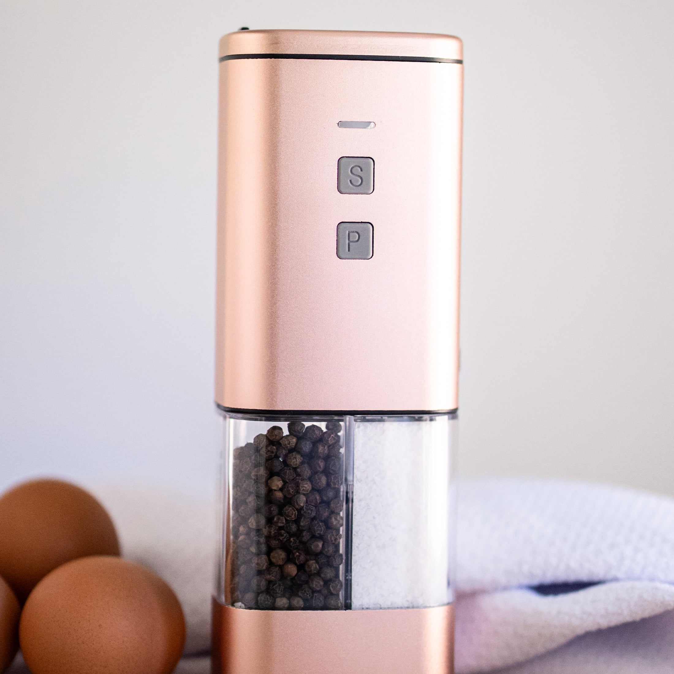2-in-1 USB Rechargeable Salt and Pepper Grinder – Single Pack Electric Grinder with Adjustable Coarseness, LED Light, and One-Handed Operation – Neutral Color – Peachy Beige