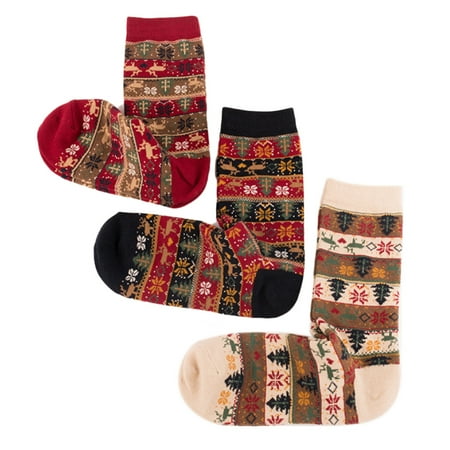 

QUSENLON 3 Pairs Womens Vintage Christmas Ethnic Cotton Crew Socks Elk Snowflake Stripes Contrast Color Printed Mid Calf Hosiery