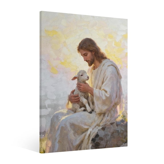 Vintage Jesus Hugs Little Lamb Canvas Wall Art Paint Framed, Jesus Pictures Canvas Print Posters Wall Decor, Christian Christmas Wall Art Home Decor for Living & Prayer Room Wall Decor Framed