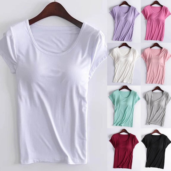 HCYSFG Womens Short Sleeve T-Shirt with Built-in Shelf Bra Cotton Solid Color Tee Comfortable Loungewear Sleepwear Top Yoga Layering Undershirt