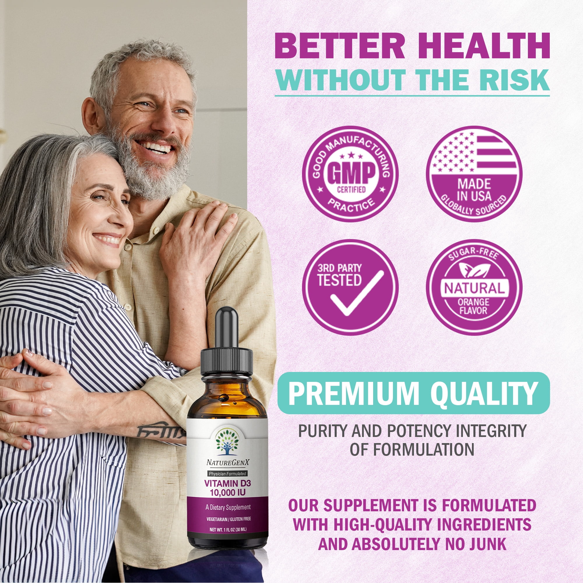 NatureGenX Vegan Vitamin D3 Liquid Drops – 10,000 IU Plant-Based Supplement for Immune Support & Bone Health – Non-GMO, Gluten-Free, Orange Flavor – 30ml (30 Servings)