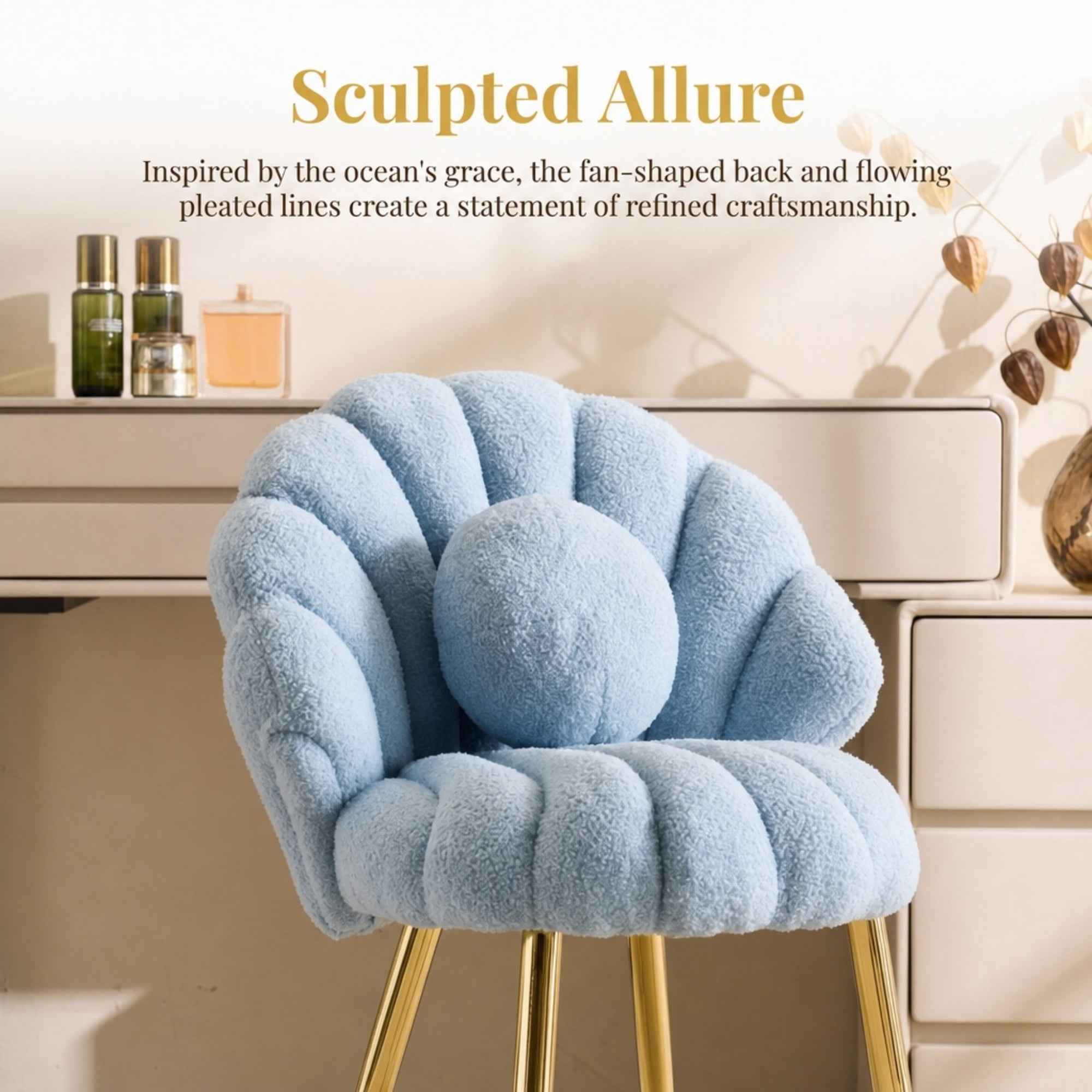 Ktaxon Vanity Makeup Chair with Teddy Velvet, Shell Design Accent Desk Chair with Lumbar Pillow and Gold Legs, Office Seating for Women Blue