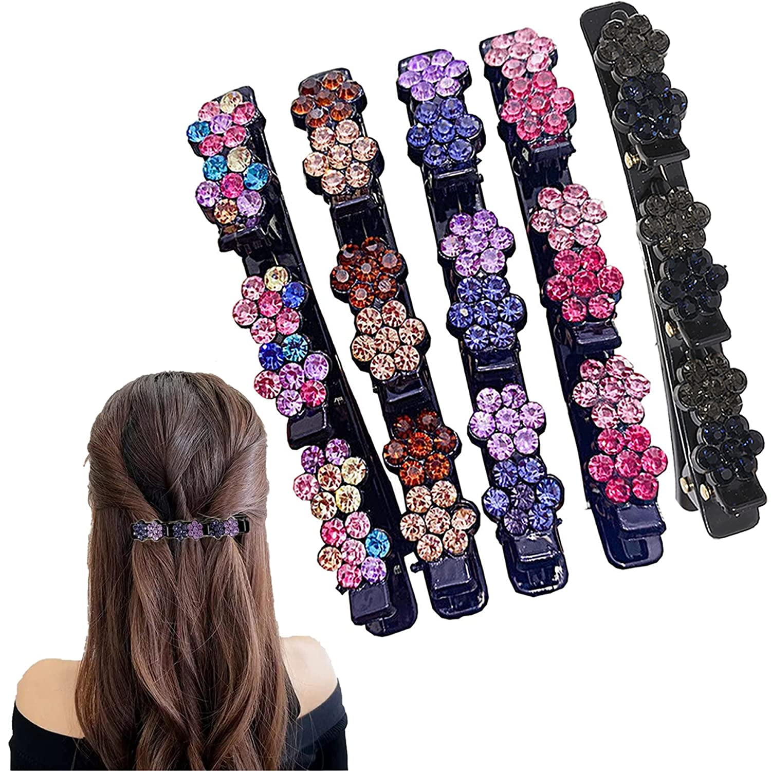 5 PCS sparkling crystal stone braided hair clips for women/girls