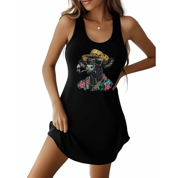 Summer Sundress for Women Cow Wearing A Floral Shirt and Hat U Neck Sleeveless Tank Dresses Short Casual Sun Dresses Black, L